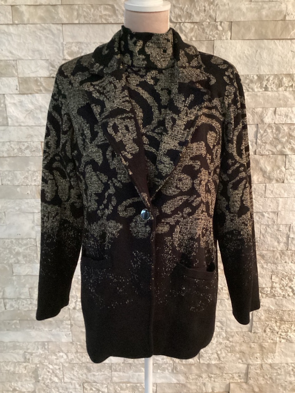 Chico's Metallic Jacquard Sweater Blazer layered over matching tank top